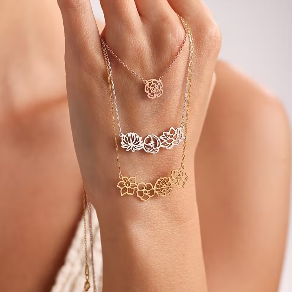 Birth Flower Necklace - 맞춤형 탄생화 목걸이 스테인리스 스틸 개인